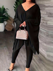 Batwing Sleeves Loose Solid Color V-Back V-Neck Shirts Tops&Pants Two Pieces Set