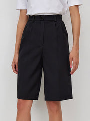 Pleated Solid Color Split-Joint High Waisted Loose Shorts Bottoms Half Pants