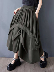 Asymmetric Elasticity Pleated Pockets Solid Color A-Line Loose Skirts Bottoms