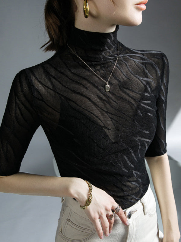 See-Through Half Sleeves Plus Size High Neck T-Shirts Tops