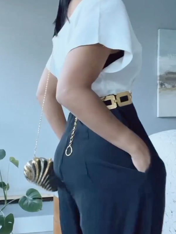 Contrast Color Split-Joint Loose Short Sleeves Round-Neck Jumpsuits