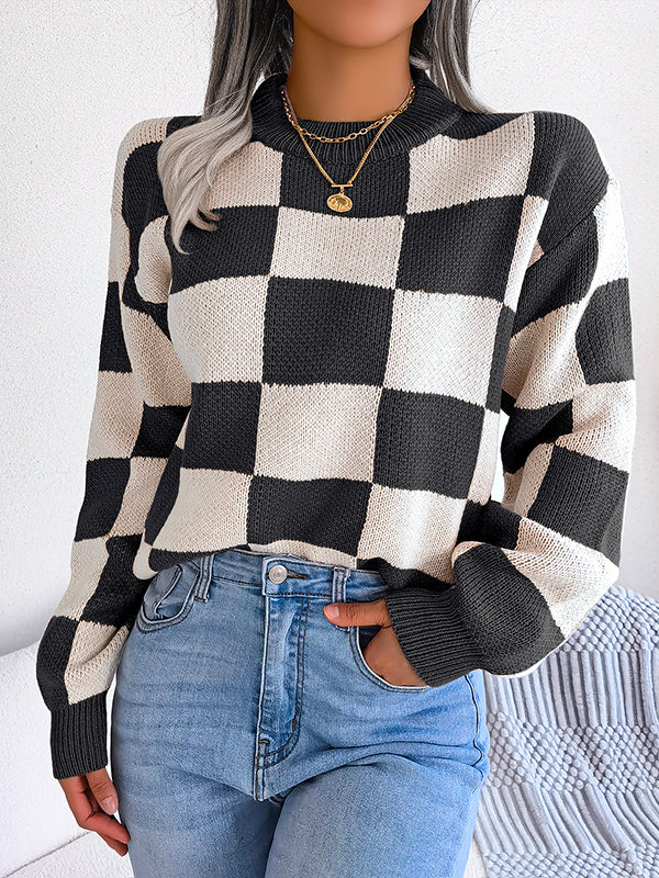 Contrast Color Plaid Long Sleeves Loose Round-Neck Sweater Tops