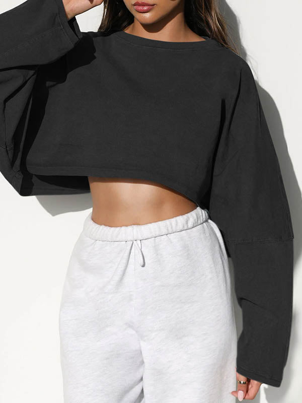 Solid Color Split-Joint Long Sleeves Loose Round-Neck Sweatshirt Tops