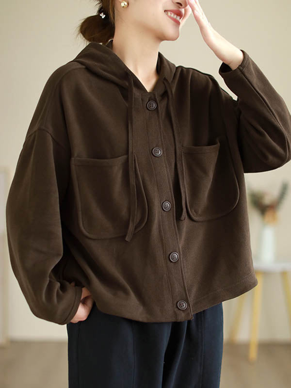 Buttoned Drawstring Pockets Solid Color Hooded Long Sleeves Outerwear