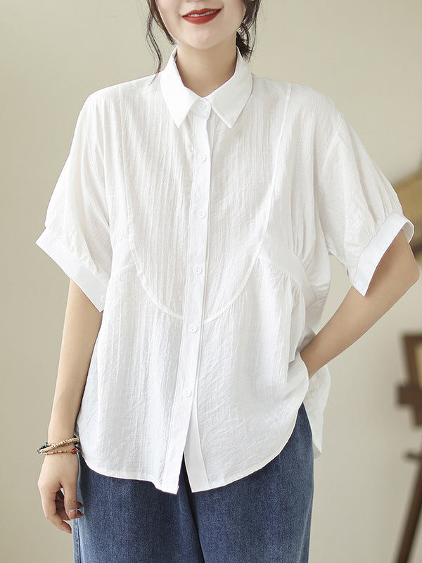 Pleated Solid Color Split-Joint Half Sleeves Loose Lapel Blouses&Shirts Tops