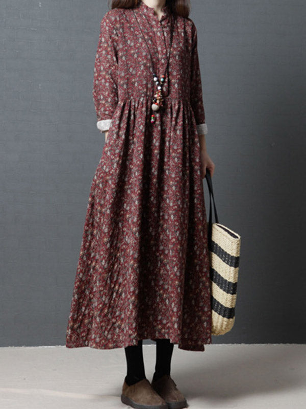Vintage Floral Stand Collar Midi Dress