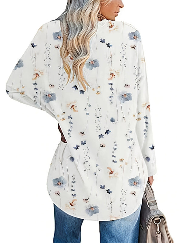 Flower Print Long Sleeves Loose Round-Neck T-Shirts Tops