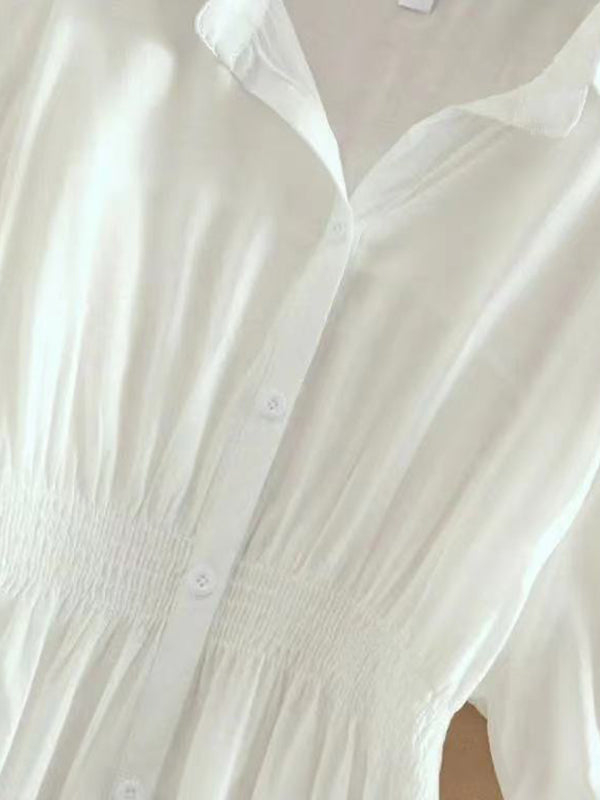 Buttoned Pleated Solid Color High-Low Loose Lapel Blouses&Shirts Tops