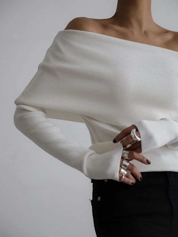 Solid Color Long Sleeves Loose Off-The-Shoulder Sweater Tops Pullovers