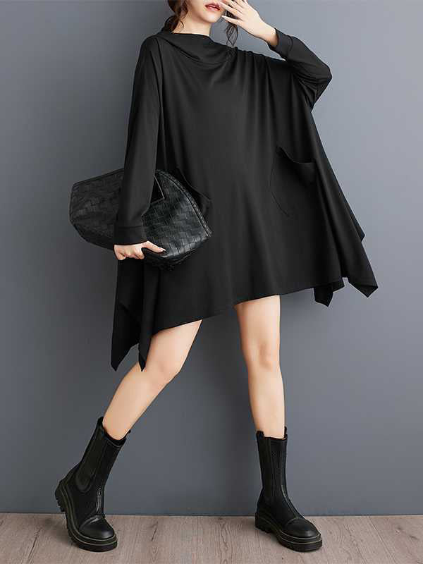 Pockets Solid Color Batwing Sleeves Hooded Hoodies Tops