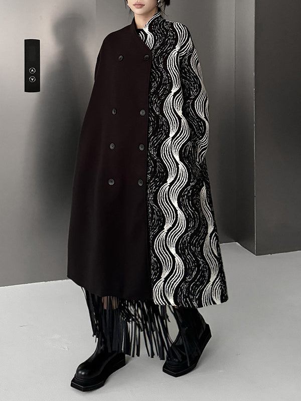 Buttoned Contrast Color Pockets Long Sleeves Loose Stand Collar Woolen Coat