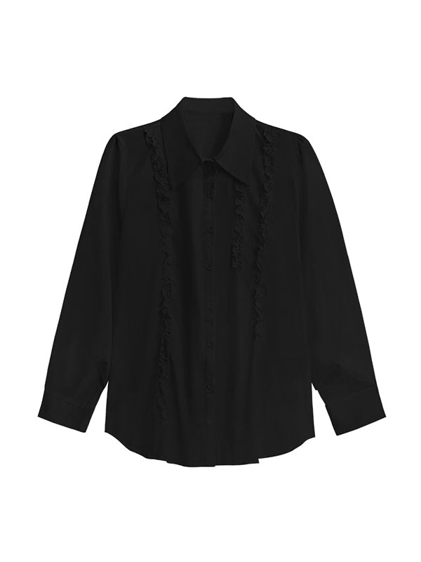 Buttoned Falbala Ruffled Solid Color Split-Joint Hipster Long Sleeves Lapel Blouses&shirts Tops