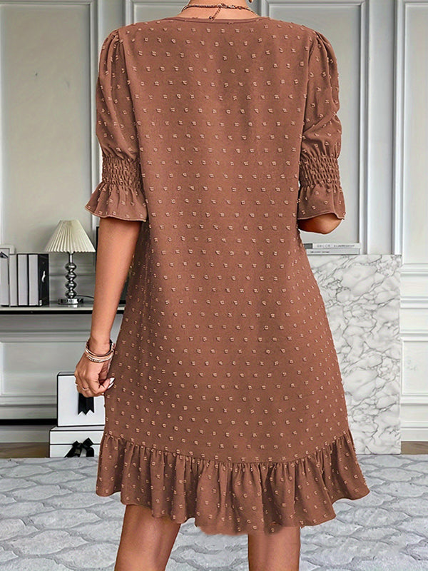 Elasticity Jacquard Pleated Solid Color Split-Joint A-Line Flared Sleeves V-Neck Mini Dresses