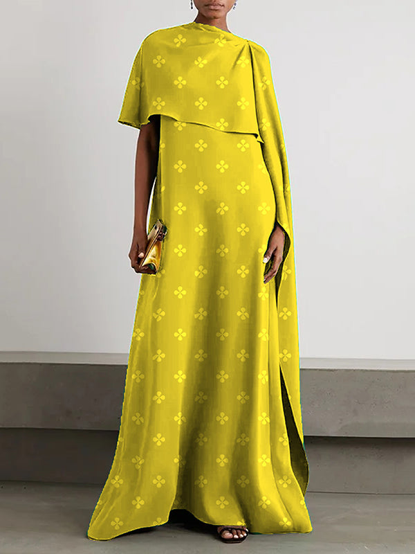 Asymmetric Hollow Printed Capelet Loose Boat Neck Maxi Dresses