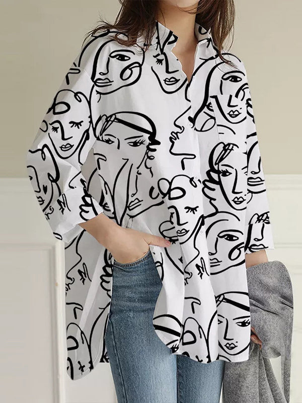 Buttoned Figure Pockets Split-Side High-Low Long Sleeves Lapel Blouses&Shirts Tops
