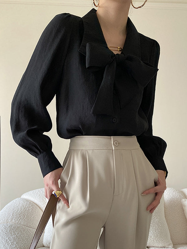 Urban Loose Long Sleeves Solid Color Lapel Collar Blouses