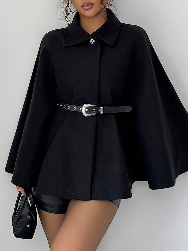 Belted Buttoned Solid Color Batwing Sleeves Long Sleeves Lapel Overcoat
