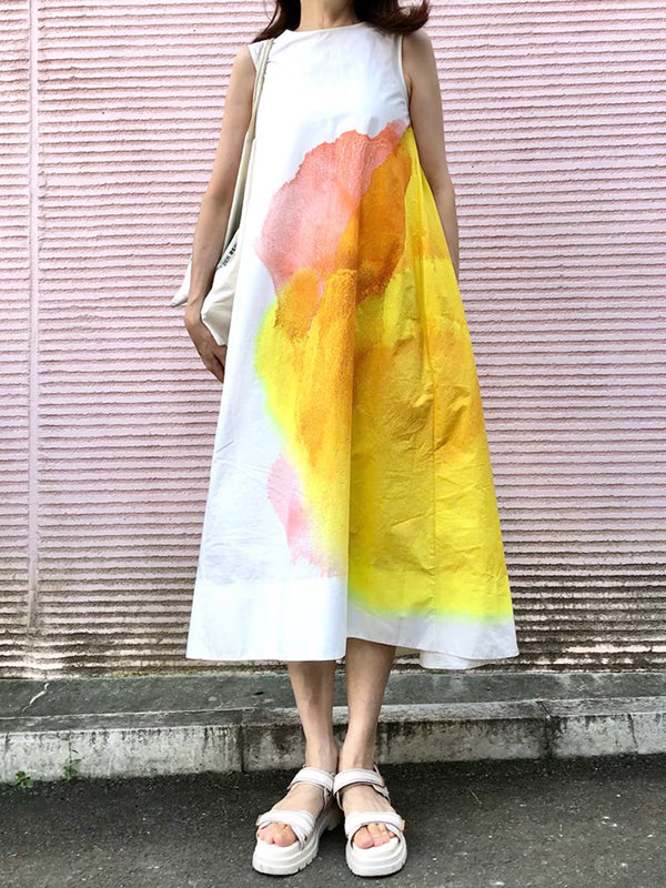 Flower Print Pockets A-line Loose Round-neck Midi Dresses