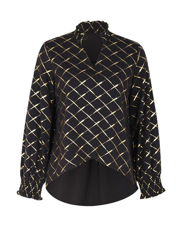 Bronzing Elasticity Split-Joint Long Sleeves Loose V-Neck Blouses&Shirts Tops