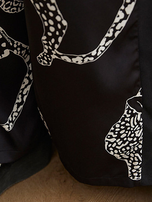 Vintage Original Floral Leopard Printed Split-Joint Tied V-Neck Half Sleeves Wide Leg Jumpsuits