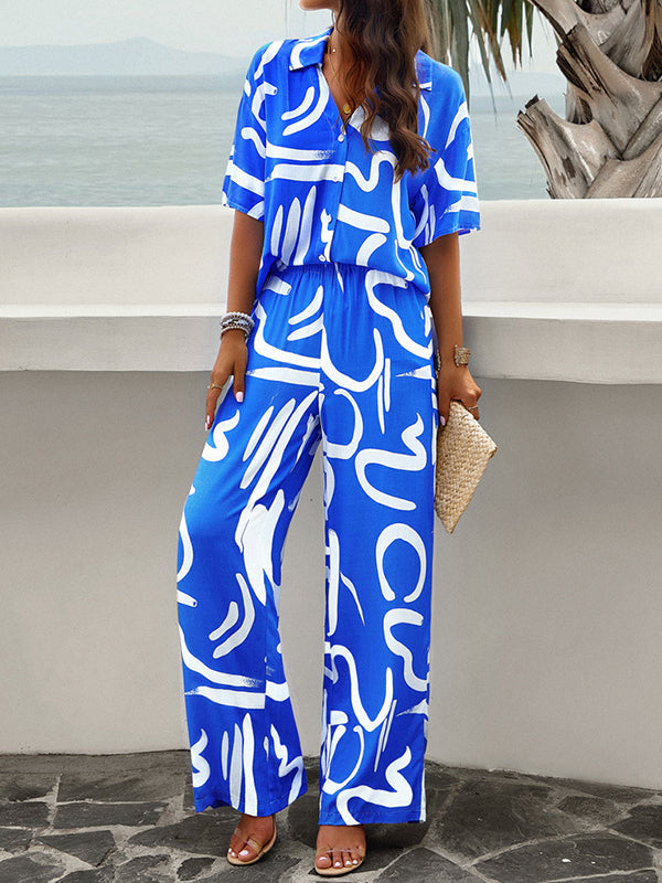 Loose Buttoned Printed Lapel T-Shirts Top + High Waisted Elasticity Pants Bottom Two Pieces Set