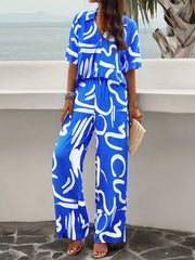 Loose Buttoned Printed Lapel T-Shirts Top + High Waisted Elasticity Pants Bottom Two Pieces Set