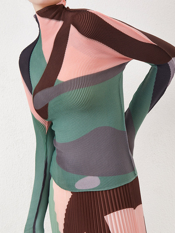 Contrast Color Pleated Long Sleeves Mock Neck T-Shirts Tops