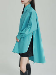 Solid Color Split-side High-low Irregular clipping Lapel Shirts Tops