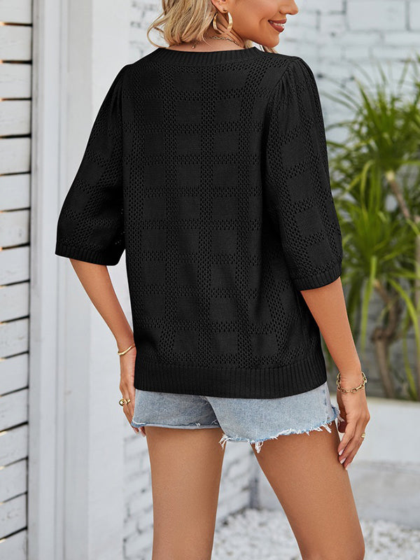 Hollow Solid Color Loose Round-neck T-Shirts Tops