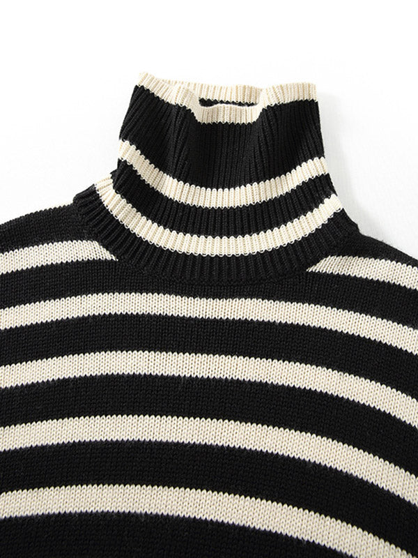 Contrast Color Pleated Split-Joint Split-Side Striped Patterns Long Sleeves Loose High Neck Sweater Tops