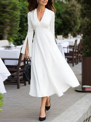 Long Sleeves Solid Color V-Neck Midi Dresses