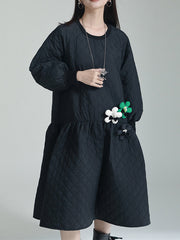 Pleated Quilted Split-Joint Long Sleeves Loose Round-Neck Midi Dresses