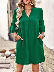 Falbala Solid Color Loose Short Sleeves V-Neck Mini Dresses