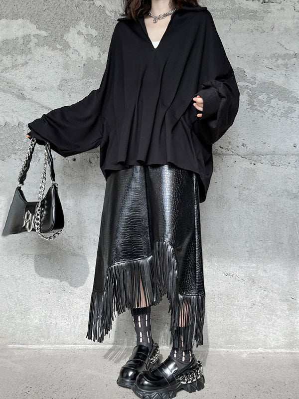 Pleated Solid Color Batwing Sleeves Long Sleeves Deep V-Neck Blouses&Shirts Tops