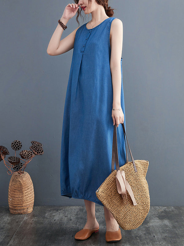 Buttoned Pleated Solid Color A-line Loose Round-neck Midi Dresses