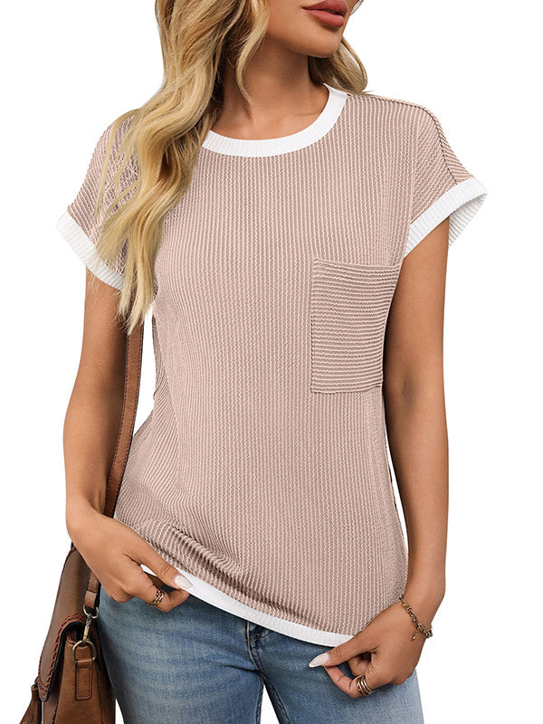 Colorful Contrast Color Pockets Loose Short Sleeves Round-neck T-Shirts Tops