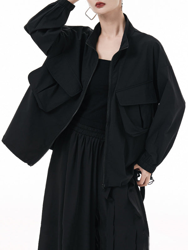 Elasticity Pockets Solid Color Zipper Long Sleeves Loose Outerwear Jackets