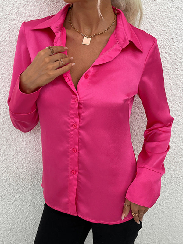 Buttoned Solid Color Long Sleeves Loose Lapel Blouses&Shirts Tops