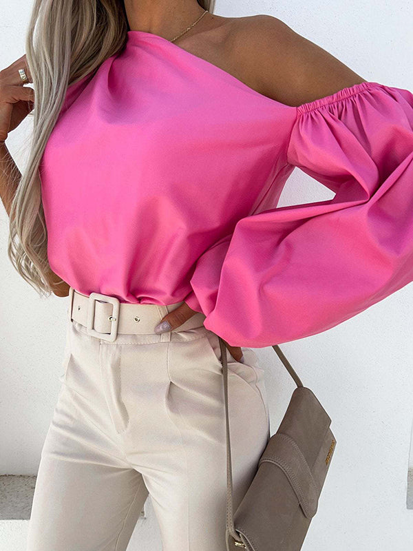 Asymmetric Elasticity Solid Color Long Sleeves Loose One-shoulder Blouses&shirts Tops
