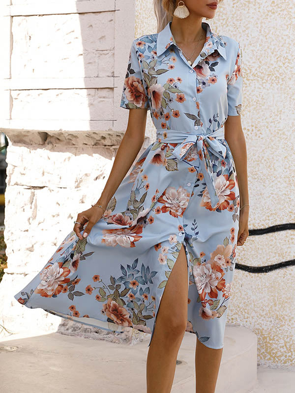 Buttoned Flower Print Tied Waist A-Line Loose Lapel Midi Dresses