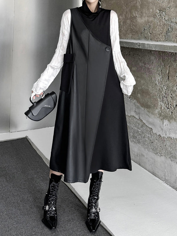 Asymmetric Buttoned Solid Color Split-Joint Irregularity Loose High Neck Midi Dresses