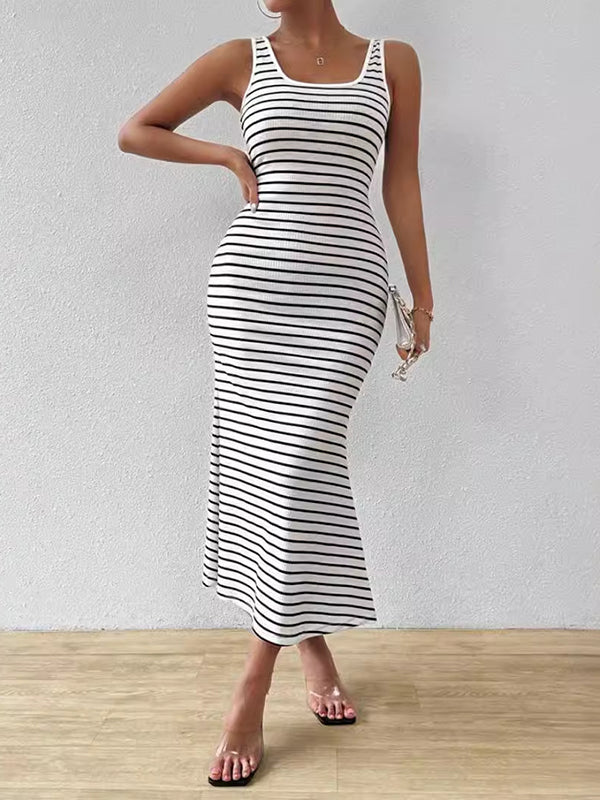 Split-Joint Striped Bodycon Sleeveless U-neck Midi Dresses