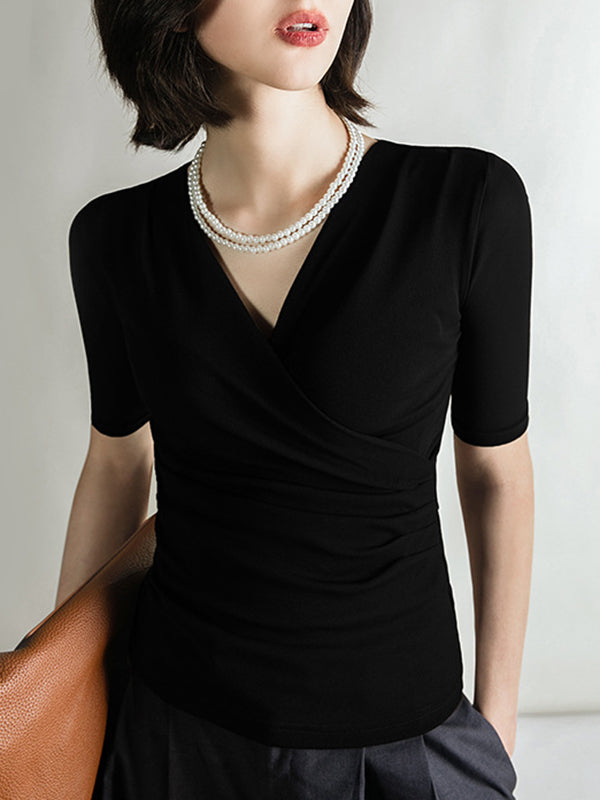 Pleated Solid Color Half Sleeves Skinny V-Neck T-Shirts Tops