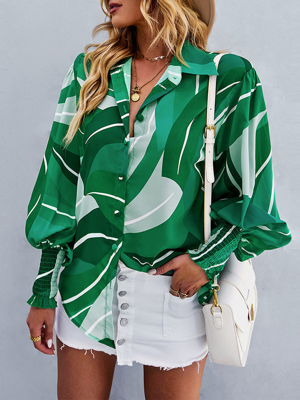 Buttoned Elasticity Printed Long Sleeves Loose Lapel Blouses&Shirts Tops