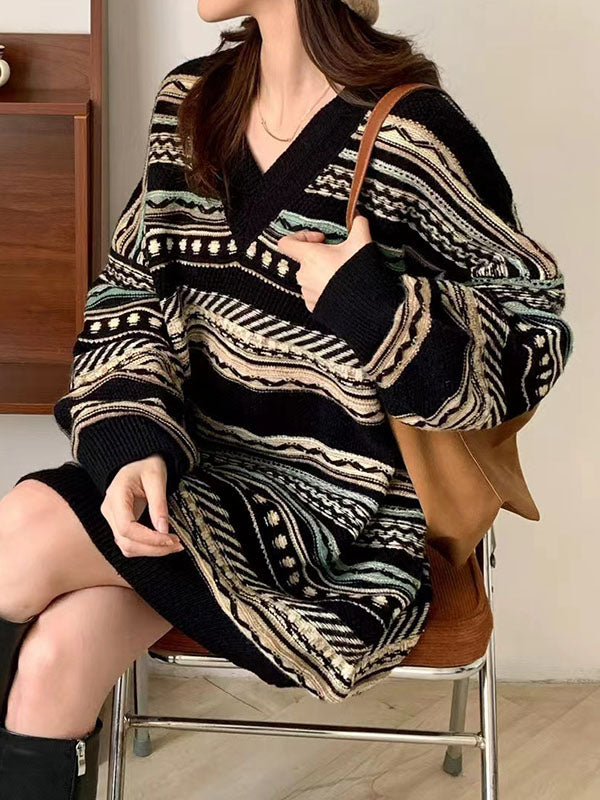 Striped Velvet Long Sleeves Loose V-Neck Sweater Dresses Pullovers