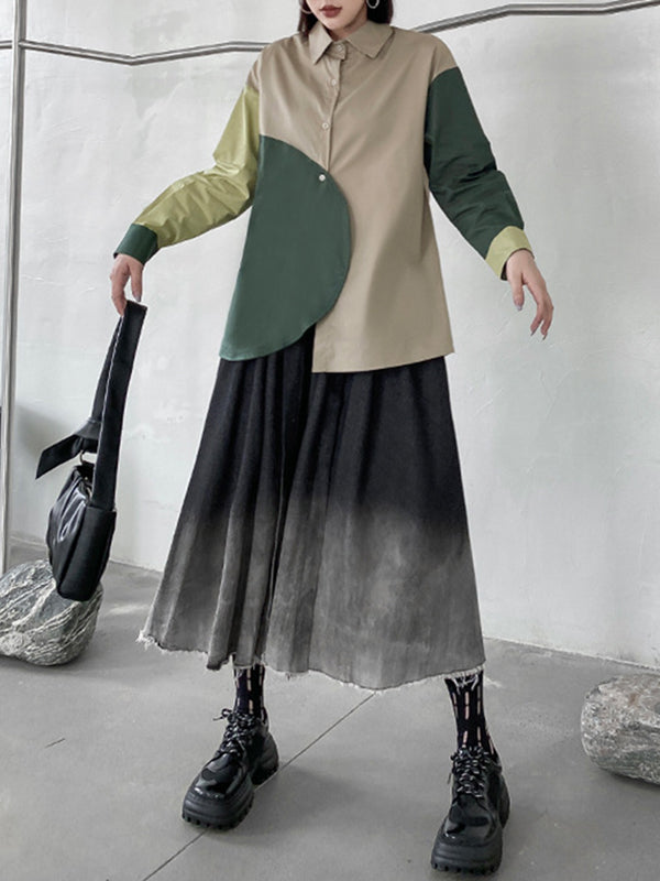 Asymmetric Buttoned Contrast Color Long Sleeves Loose Lapel Blouses&Shirts Tops