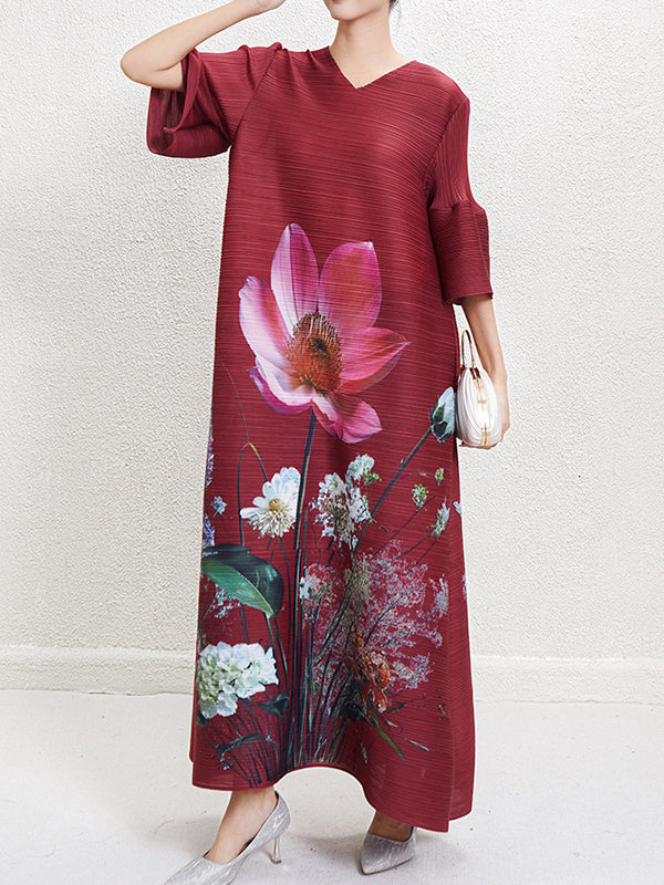 Flower Print Pleated A-Line Flared Sleeves V-Neck Maxi Dresses