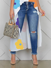High-Low Loose Contrast Color Floral Printed Round-Neck Vest Top