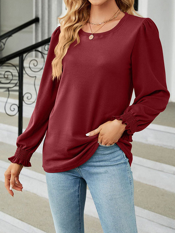 Elasticity Solid Color Long Sleeves Loose Round-Neck T-Shirts Tops