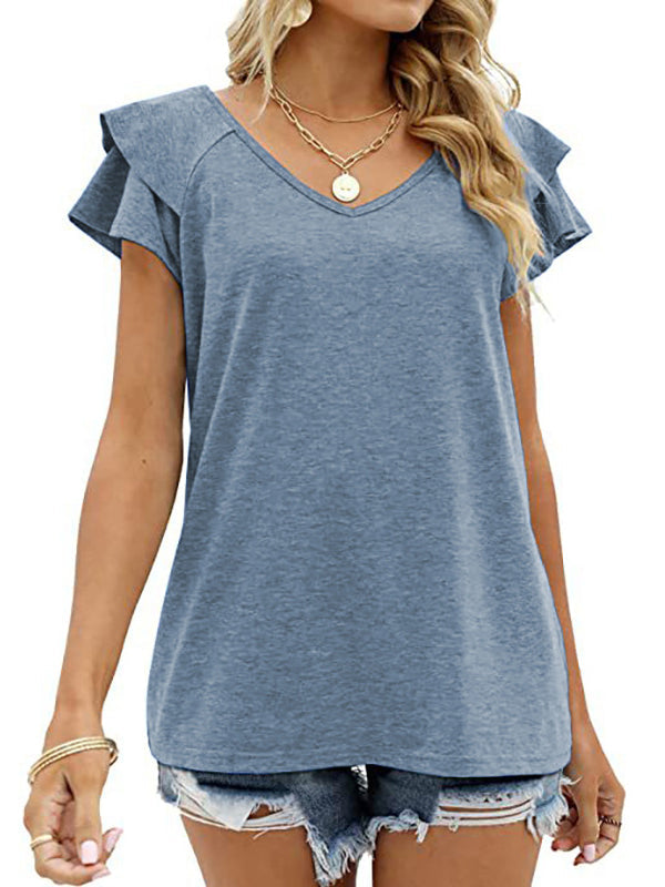 Falbala Solid Color Split-Joint Loose Short Sleeves V-Neck T-Shirts